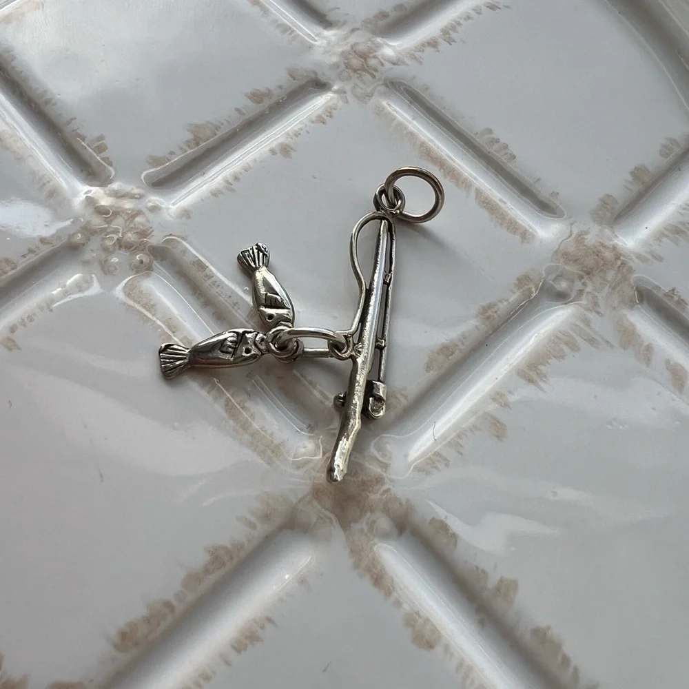 Vintage Fishing Pole Charm Pendant with Two Fish Silver Tone NOS